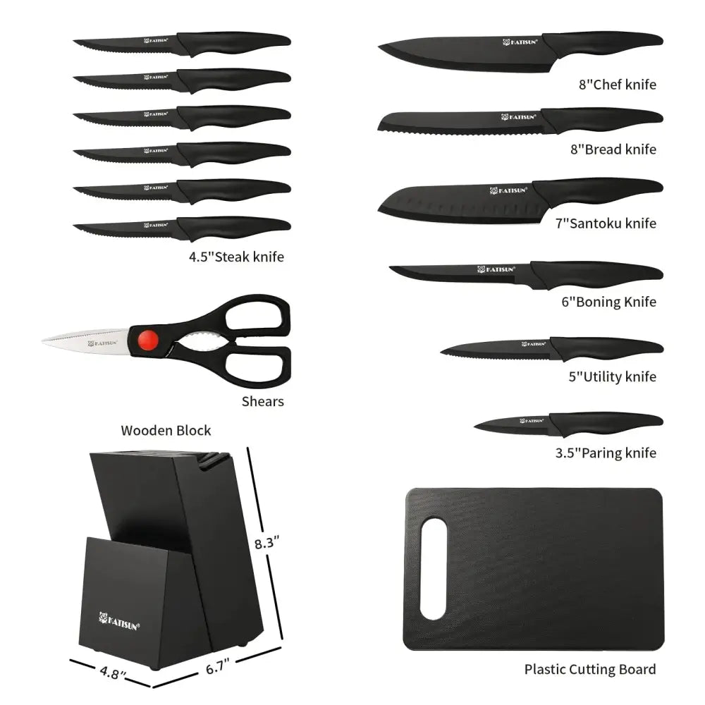 Black faidin 8-piece kitchen knife set with sleek black handles and stainless steel blades in 16 piece german steel knife block set with sharpener