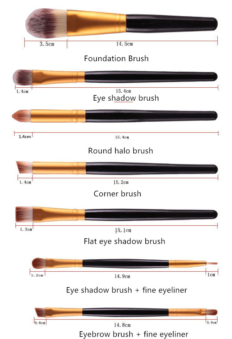 Set of seven professional makeup brushes with black handles gold ferrules and varying bristle shapes for foundation eye shadow eyebrows and eyeliner from the 20 piece cosmetic brush set.