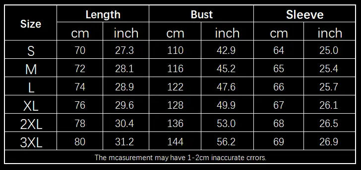 Size chart for men’s multi pocket half zip fashion hoodie showing measurements in centimeters and inches for sizes s through 3xl.