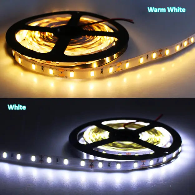 Warm white and white led strip lights with flexible illuminated bands featuring evenly spaced leds on black adhesive backing for waterproof flexible home decor 5m.
