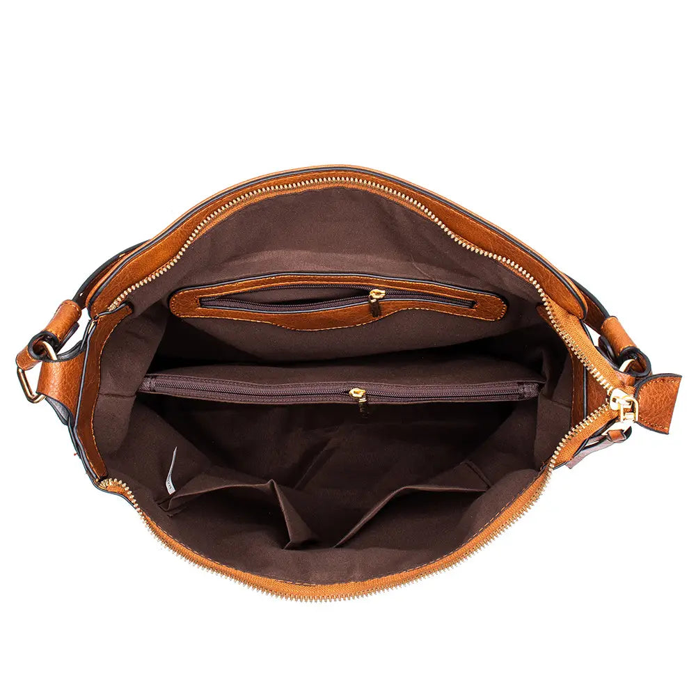Premium brown leather hobo crossbody bag with gold hardware featuring multiple zippered compartments and a spacious interior.