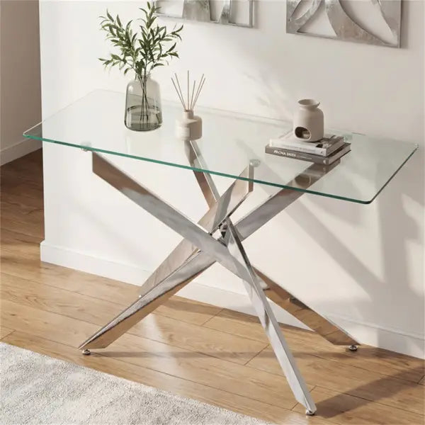 modern glass console table with a 45 inch glass top and sleek chrome-finished x-shaped metal base designed for entryway use