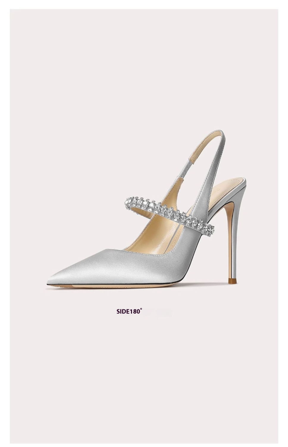 Silver satin slingback pump with a crystal-embellished strap and a high stiletto heel from the crystal satin slingback pointed toe high heels collection.