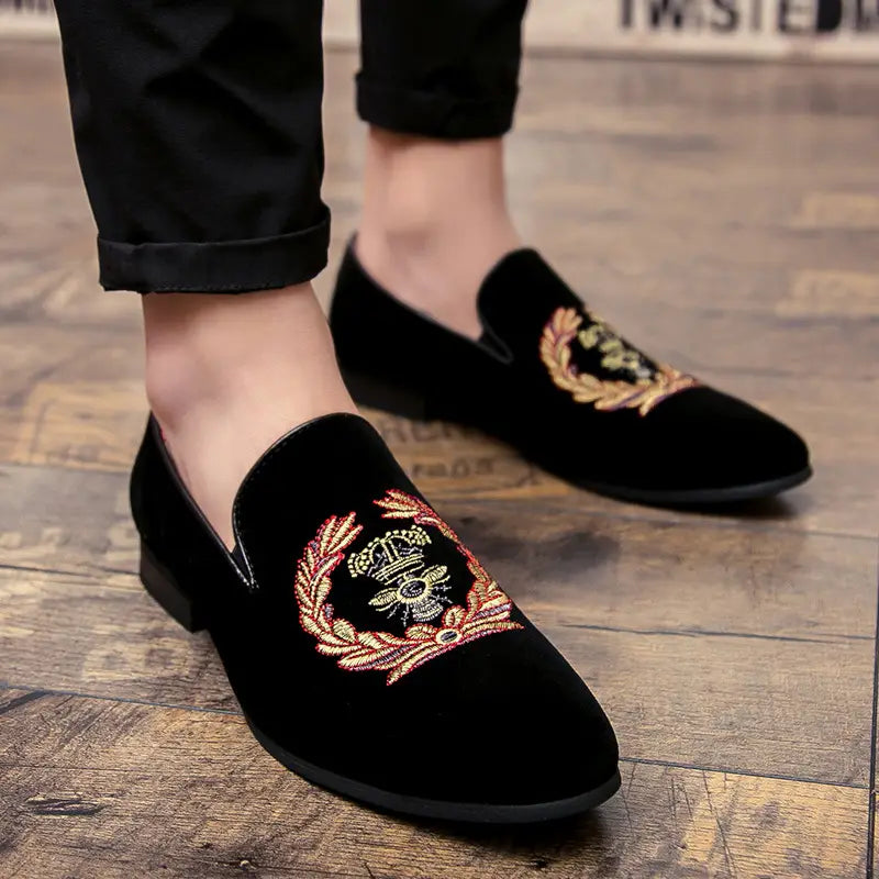 Men’s Embroidered Laurel Wreath Velvet Loafers