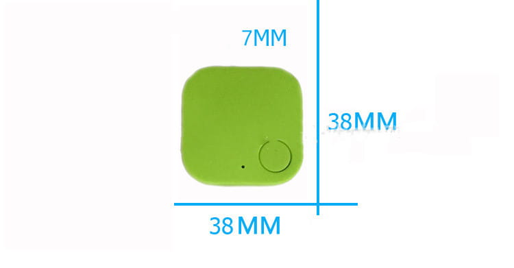 A compact lime-green square-shaped bluetooth tracker with rounded edges and a circular button featured in the bluetooth tracker 4 pack anti lost gps key finder.