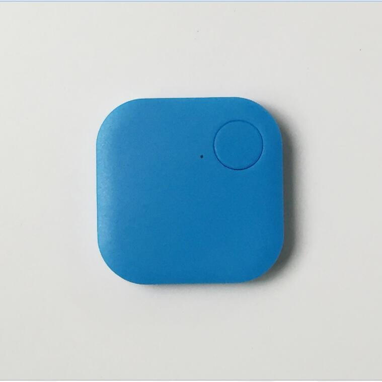 Blue square-shaped bluetooth tracker with rounded corners and a circular button on the top right designed for anti lost gps key finder use in a 4 pack set.