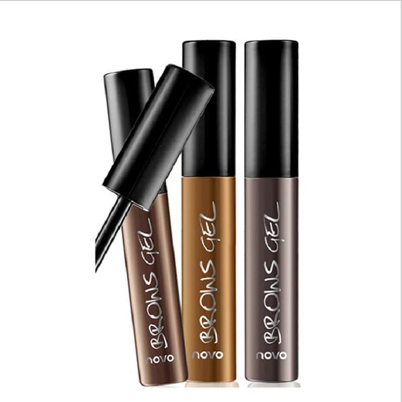 Three sleek black-capped brow gel tubes from Novo in brown and dark brown shades with a fine brush applicator for the peel off eyebrow tattoo tint waterproof gel kit.