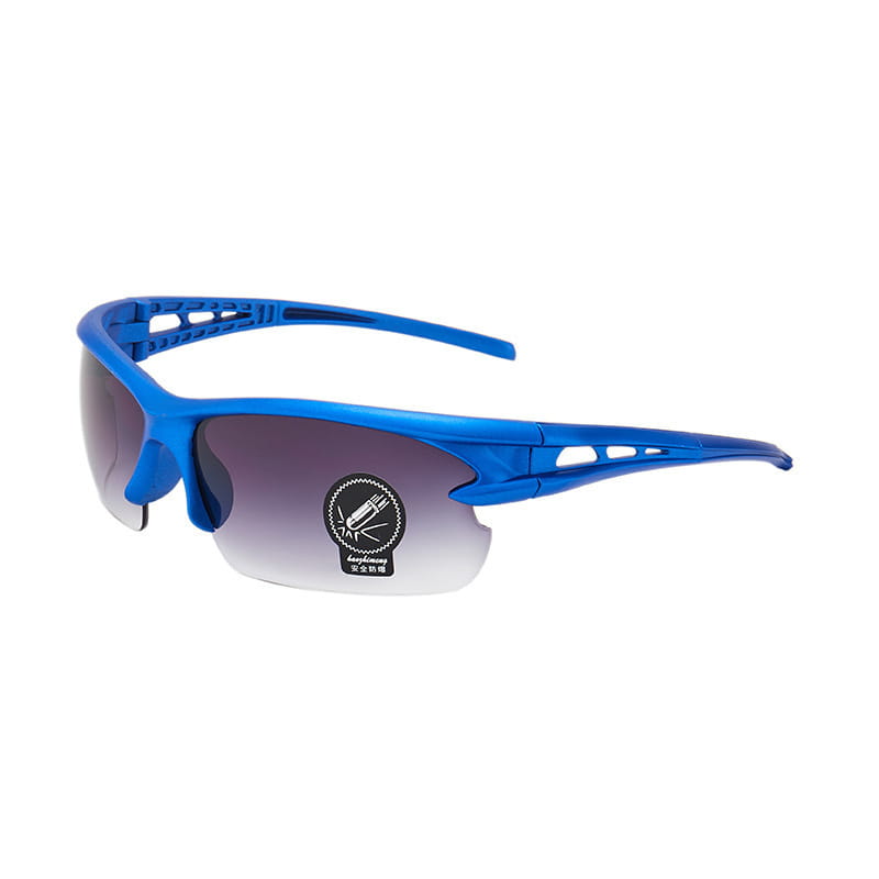 Lunettes de sport aérodynamiques conçues avec des montures bleues, des verres à haute visibilité gris dégradé et un design aérodynamique élégant.
