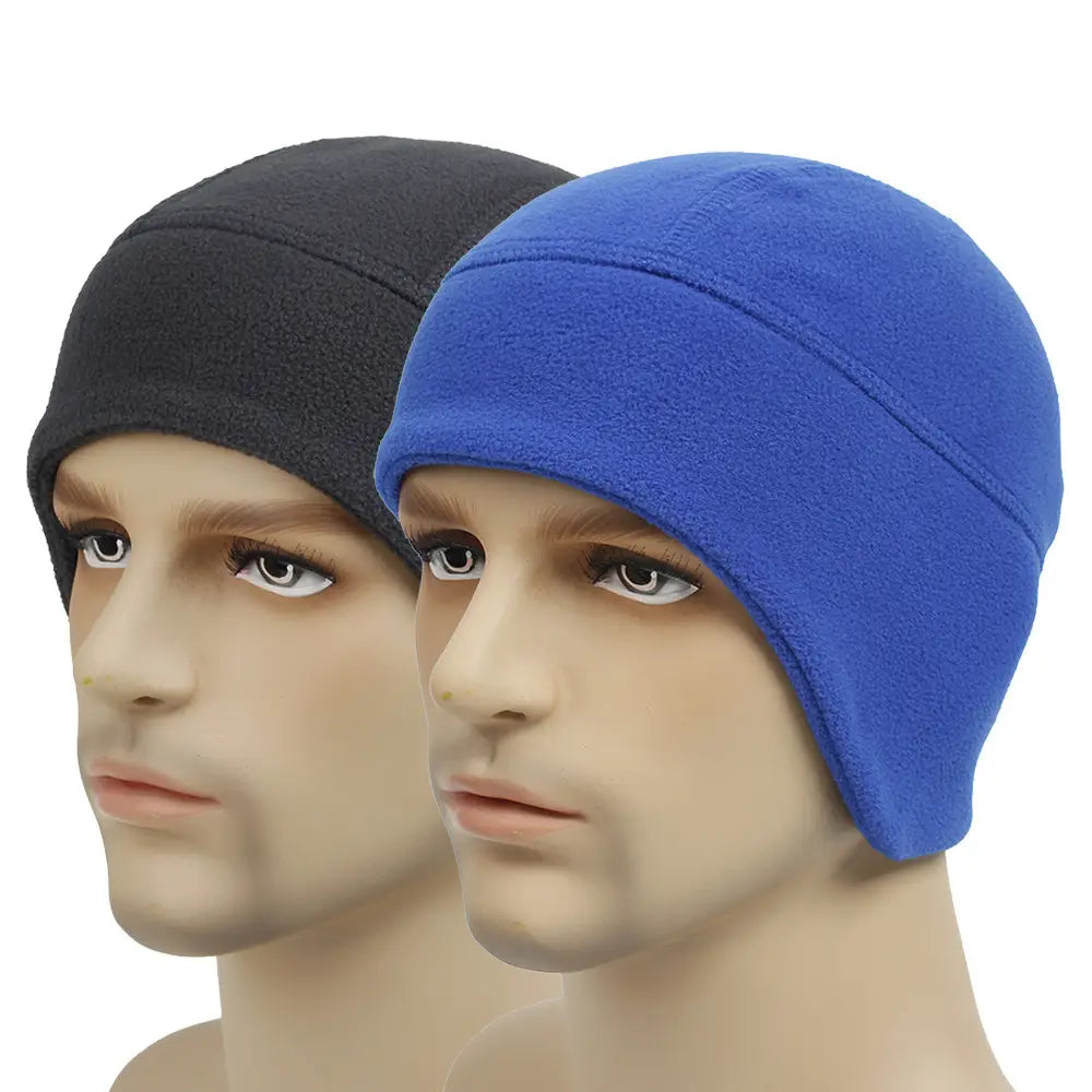Blue thermal fleece beanie hat made of windproof material for winter sports headwear.