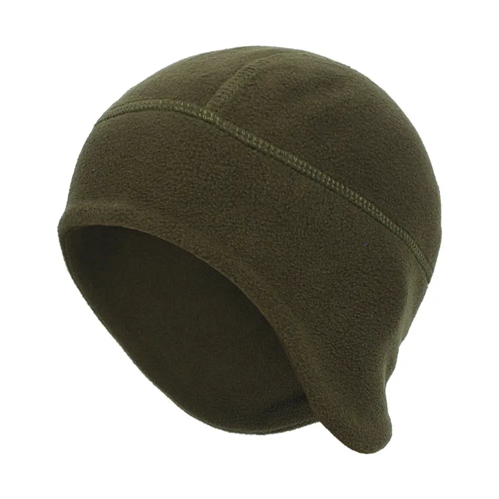 Olive green thermal fleece beanie hat with a soft textured surface and subtle stitching along the top seam designed for windproof winter sports headwear.
