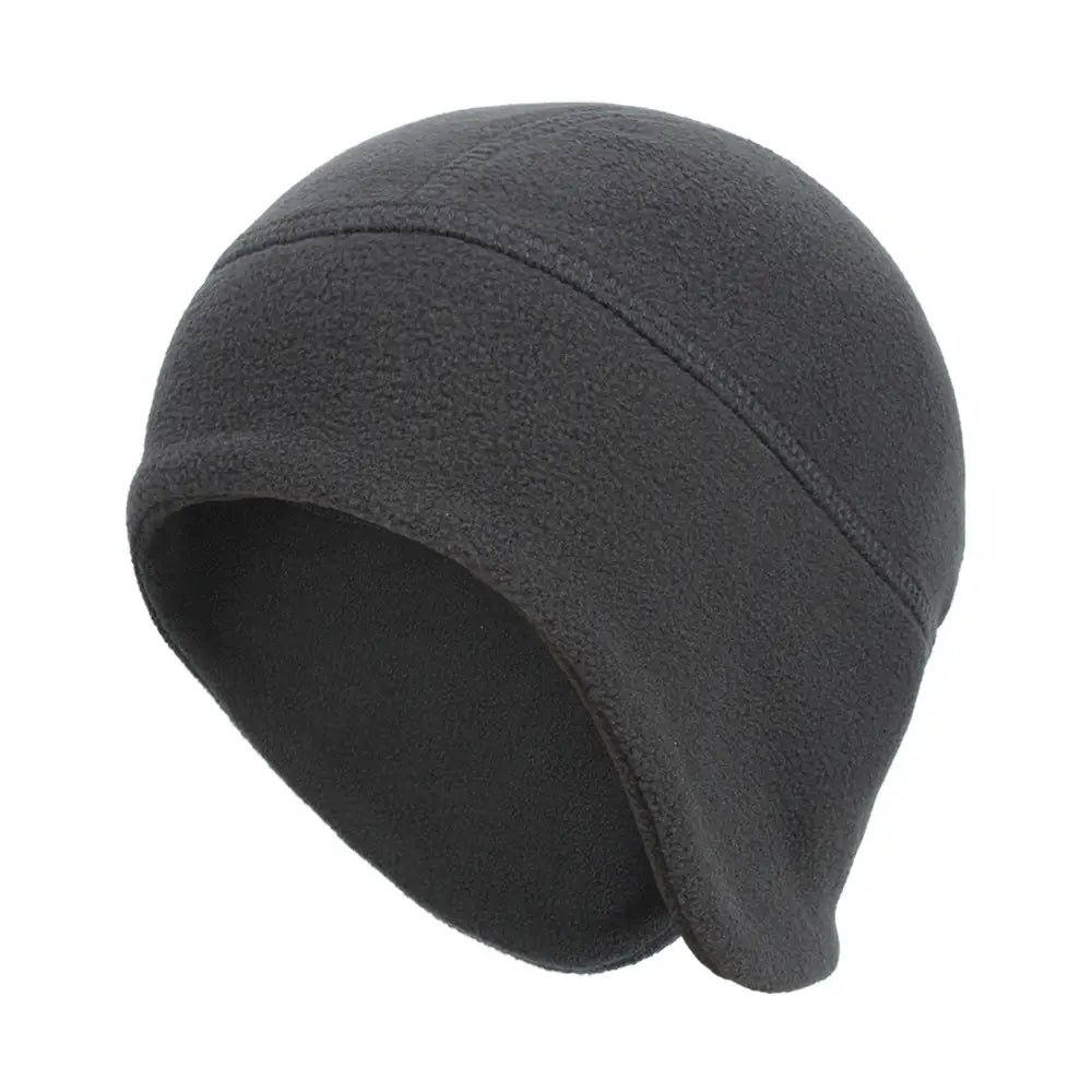 a dark gray thermal fleece beanie hat made of soft fleece with a snug fit and subtle seam detailing designed for windproof winter sports headwear.