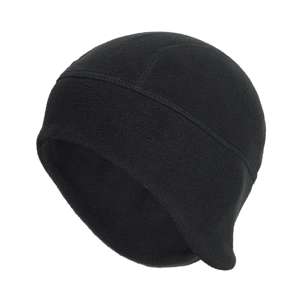 Black thermal fleece beanie hat with a soft snug fit and subtle stitching details designed for windproof winter sports headwear.