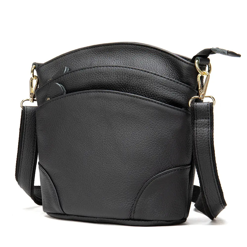 black leather crossbody bag with a textured surface and gold tone hardware designed as a retro cowhide shoulder purse