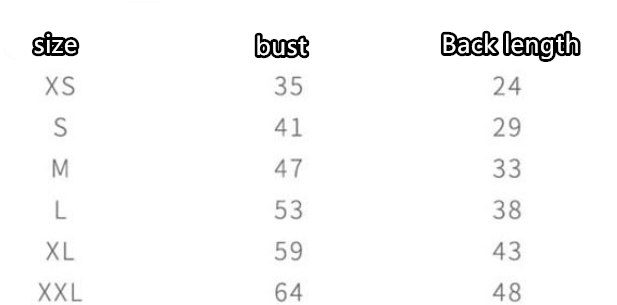 Size chart for the fruit and animal plush pet hoodie winter clothes showing bust and back length measurements from size xs to xxl.