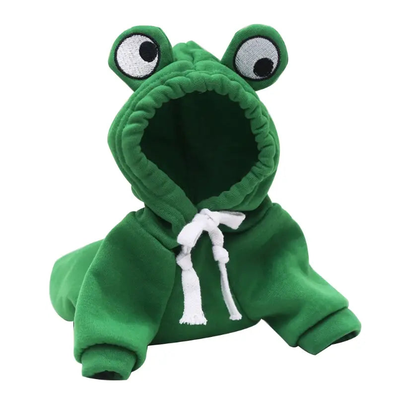 green plush frog-themed hoodie with embroidered eyes and white drawstrings from the fruit and animal plush pet hoodie winter clothes collection.
