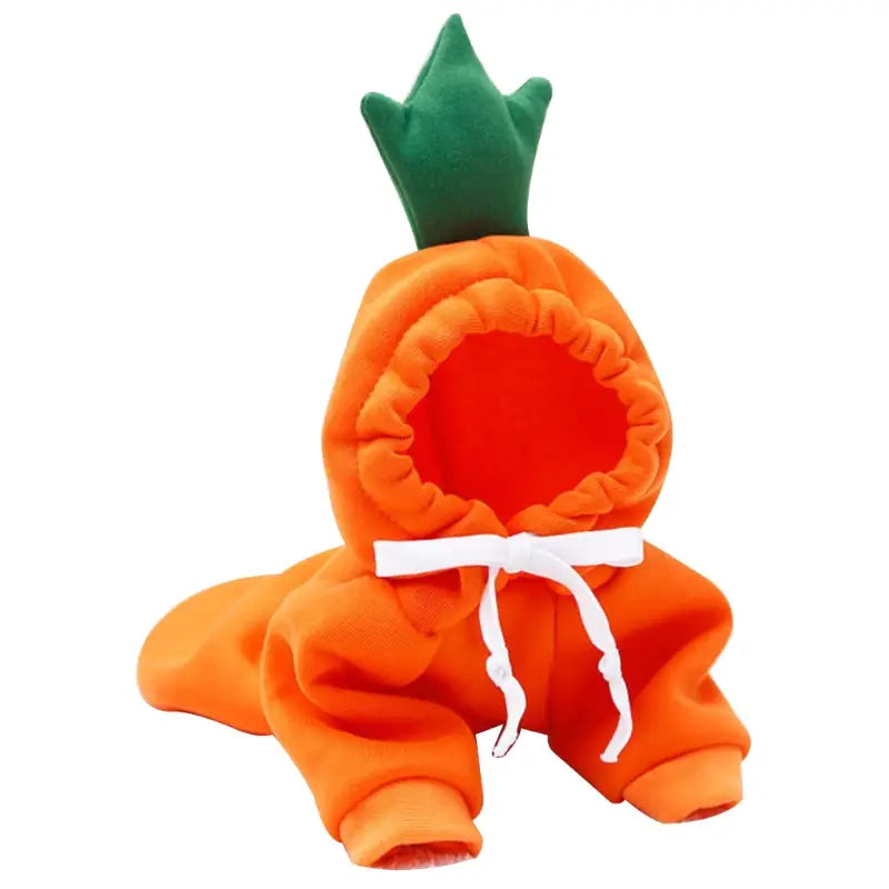 Orange plush pineapple-themed pet hoodie with green leafy crown and white drawstring from the Fruit and Animal Plush Pet Hoodie winter clothes collection.