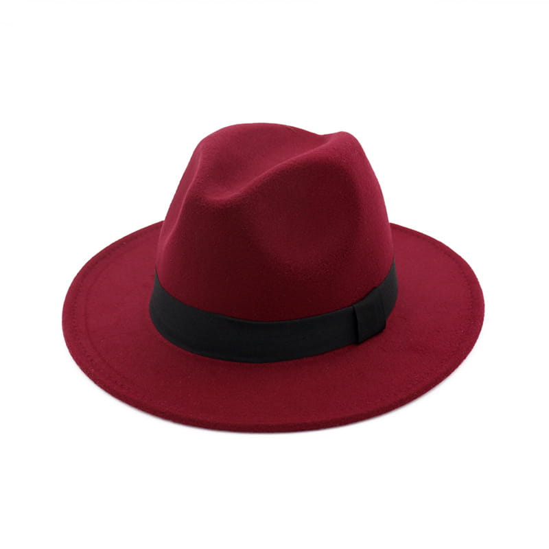 a rich burgundy wool felt fedora hat featuring a sleek black ribbon band ideal for stylish headwear.