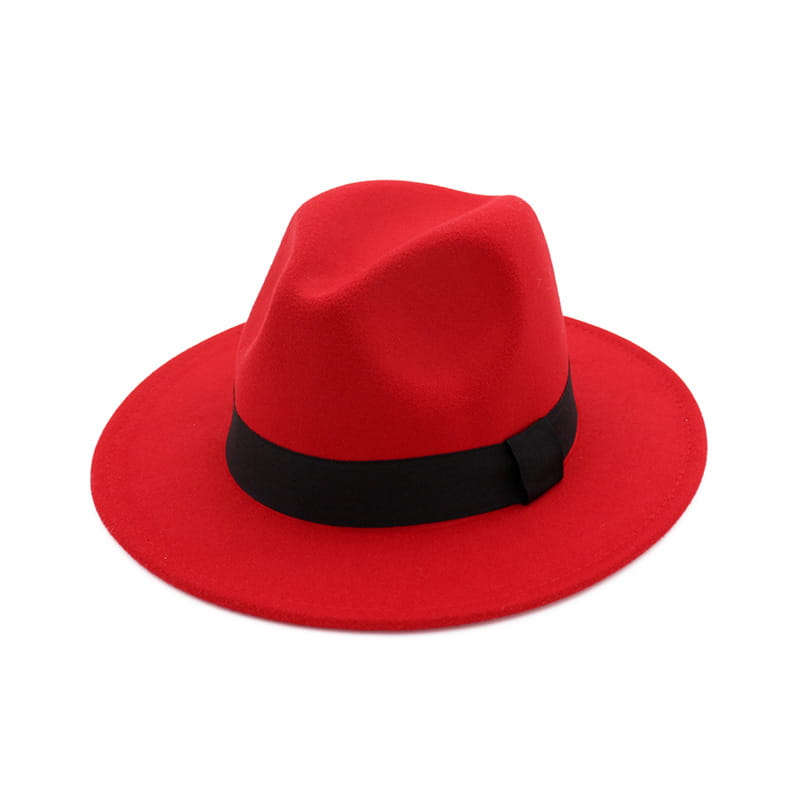 Wool felt fedora hat in vibrant red with a sleek black ribbon band displayed from the front.
