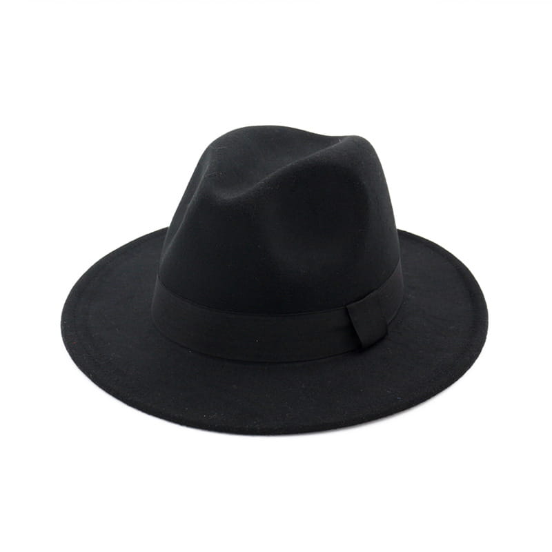 Black wool felt fedora hat with a matching ribbon band displayed from the front.
