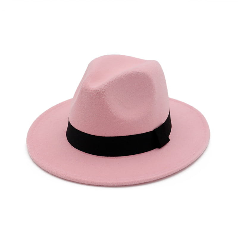 a soft pink wool felt fedora hat with a sleek black ribbon band designed for stylish wear
