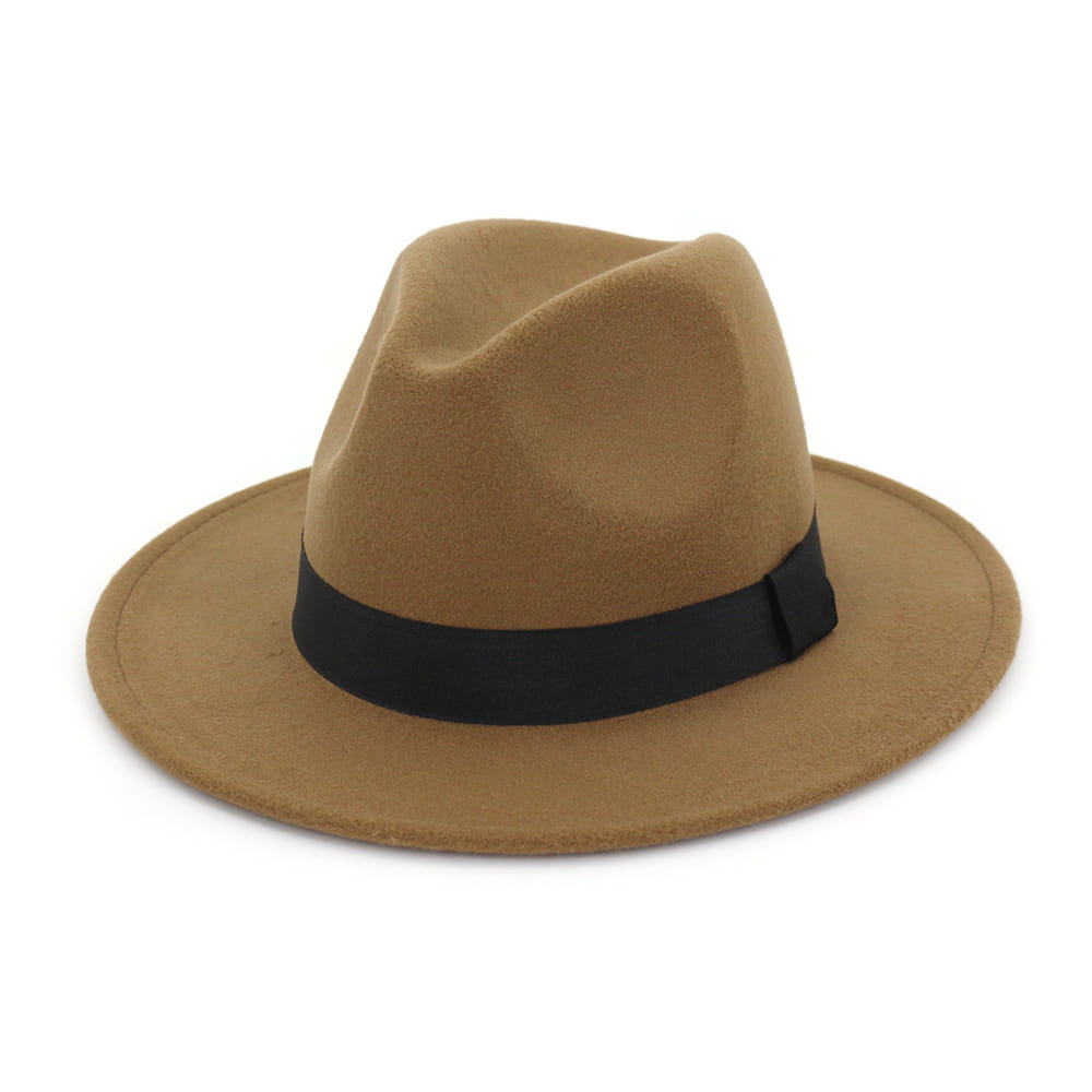 tan wool felt fedora hat with black satin ribbon band displayed from the front