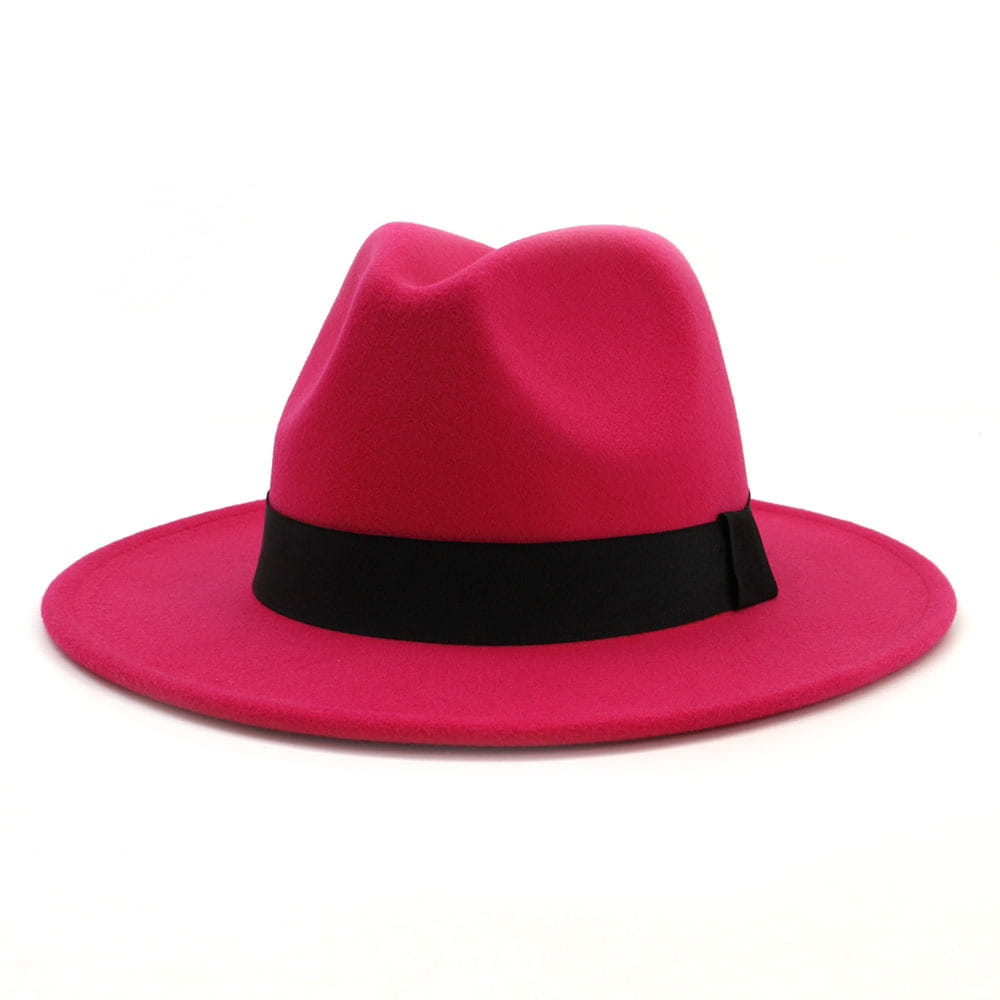Wool felt fedora hat in vibrant fuchsia featuring a sleek black ribbon band.