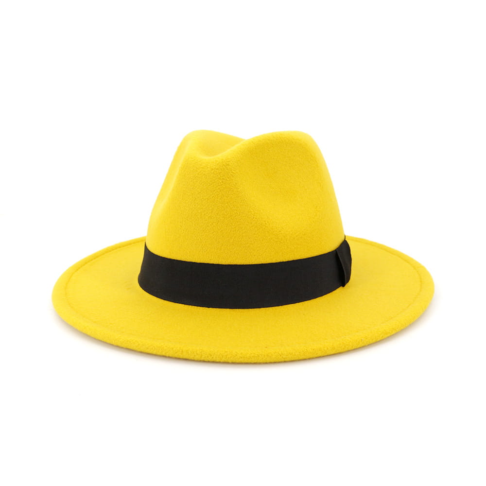 Bright yellow wool felt fedora hat with black ribbon band designed for stylish headwear.