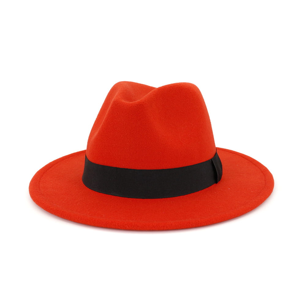 Wool felt fedora hat in vibrant red with a sleek black ribbon band.