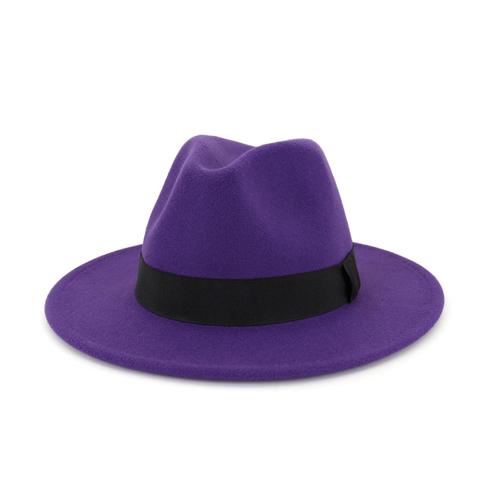 Vibrant purple wool felt fedora hat featuring a sleek black ribbon band.