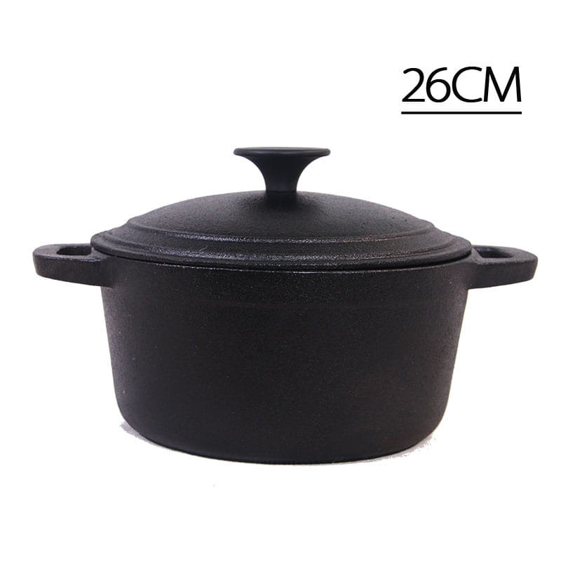 Cazuela de hierro fundido negro con tapa y dos asas laterales, adecuada para la preparación de cazuela y estofado, con una medida de 28 cm.