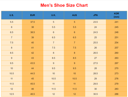 Guide des tailles des mocassins en daim pour homme à semelle en caoutchouc, avec fond orange et en-têtes bleus, présentant les conversions entre les tailles américaines, européennes, britanniques, australiennes, japonaises et coréennes.