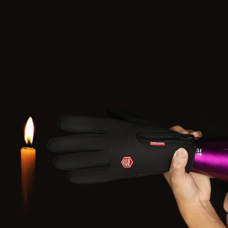 black windproof touchscreen cycling glove showing the back side with a red hexagonal logo and zipper detail