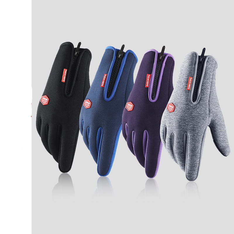 Four pairs of windproof touchscreen cycling gloves in black blue purple and heather gray shown from the back featuring zipper closures.