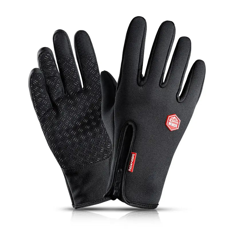 black hikos windproof touchscreen cycling gloves showing the back side with textured grip on the palms and a red logo patch