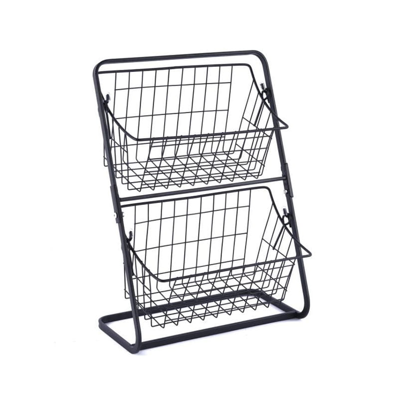 rayonnage de rangement à deux niveaux en fil métallique noir, conçu comme un panier à fruits pour la cuisine, afin d’assurer un rangement ordonné et un accès facile