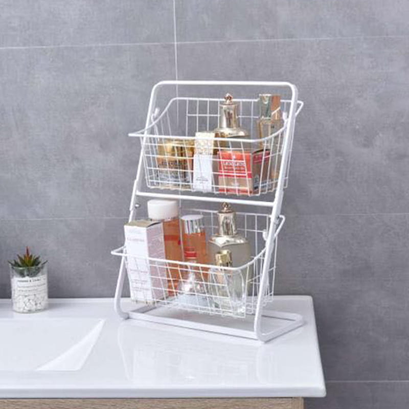 organisateur de salle de bains à deux niveaux en fil métallique blanc, en forme de panier à fruits, conçu comme un support de rangement pour la cuisine