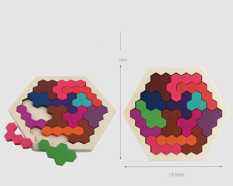 Juguete educativo inicial de tangram de rompecabezas hexagonal de madera colorido, con piezas entrelazables en tonos vibrantes de rosa, azul, verde, naranja y morado.