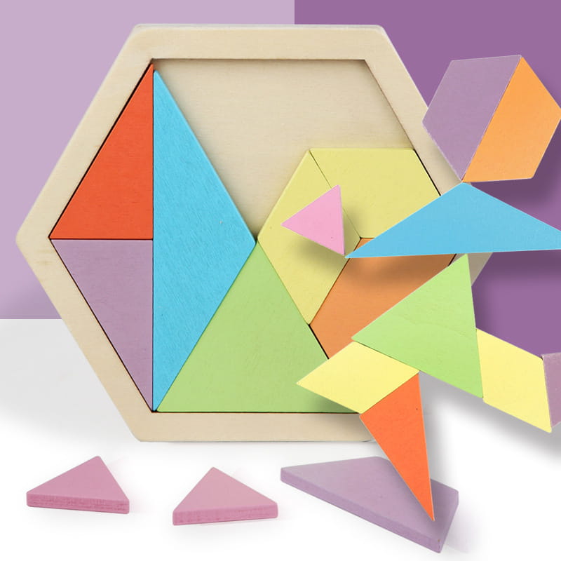 Piezas de rompecabezas tangram de madera coloridas dispuestas en un marco hexagonal para el juguete educativo inicial de tangram de rompecabezas hexagonal de madera.