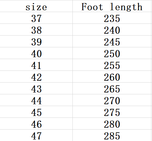 Le tableau présente des mocassins en cuir pour homme, style slip-on, plats décontractés ; il s’agit d’un guide des tailles de chaussures indiquant la pointure et les mesures correspondantes de la longueur du pied en millimètres.