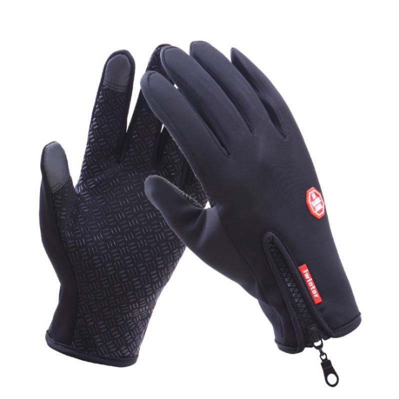 Black touchscreen cycling gloves winter warm with zipper and textured grip pattern on the back of the hand featuring red branding details