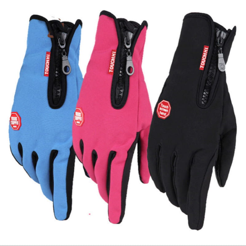Three touchscreen cycling gloves in blue pink and black with zipper closures on the back side designed for winter warmth.