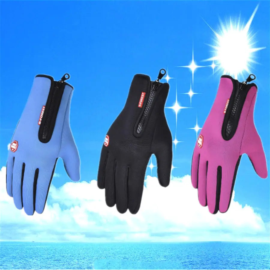Three pairs of touchscreen cycling gloves in light blue black and pink made of soft water-resistant material with zipper closures on the backhand shown from the back side.