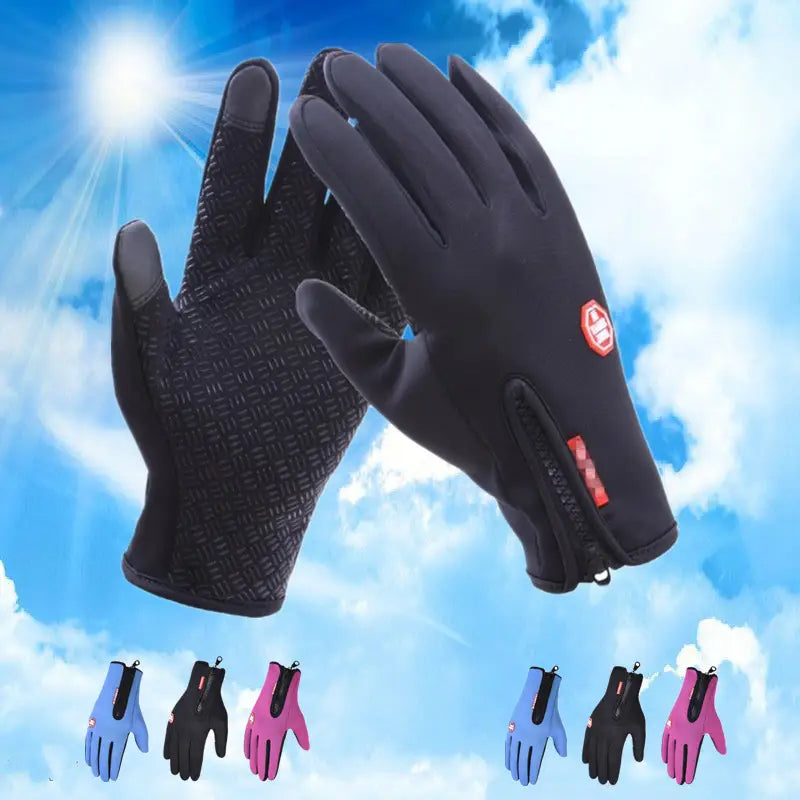 Black touchscreen cycling gloves with textured palm and red accents designed for winter warmth with a zippered closure.