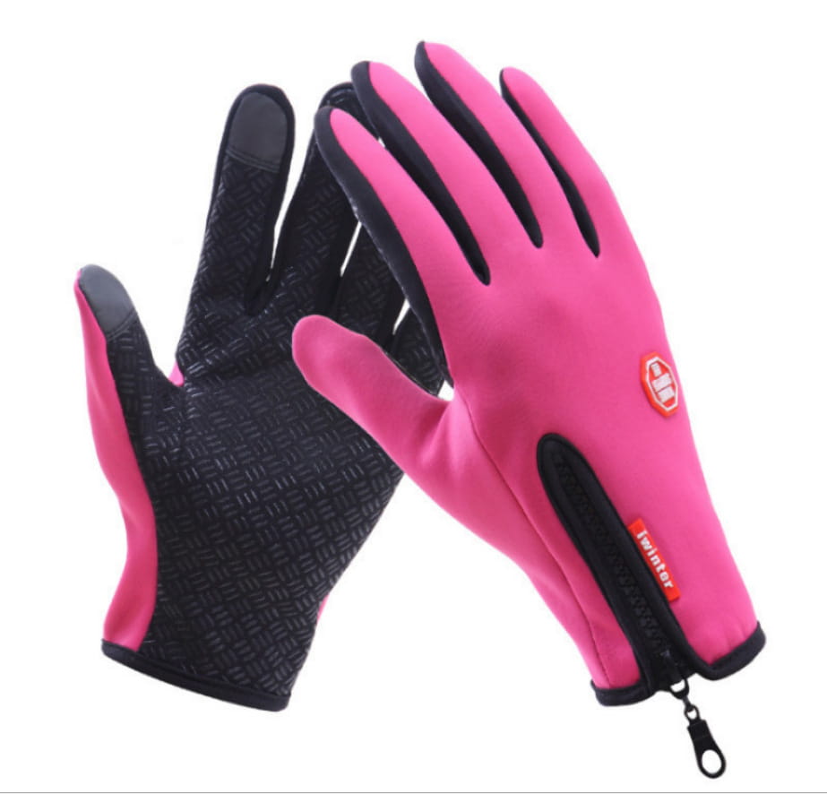 Pink and black touchscreen cycling gloves with a textured grip on the palm and a zipper closure at the wrist designed for winter warmth.