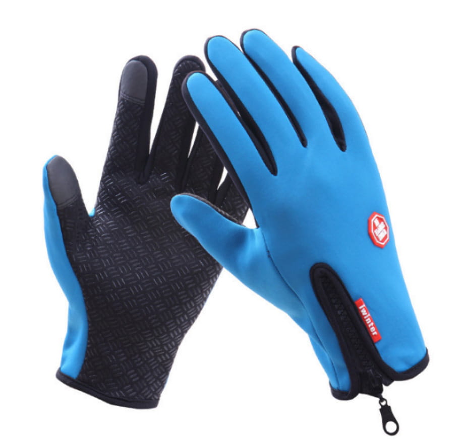 Blue and black touchscreen cycling gloves with textured grip on the palm, red logo patch, and winter warm zippered closure shown from the back side.