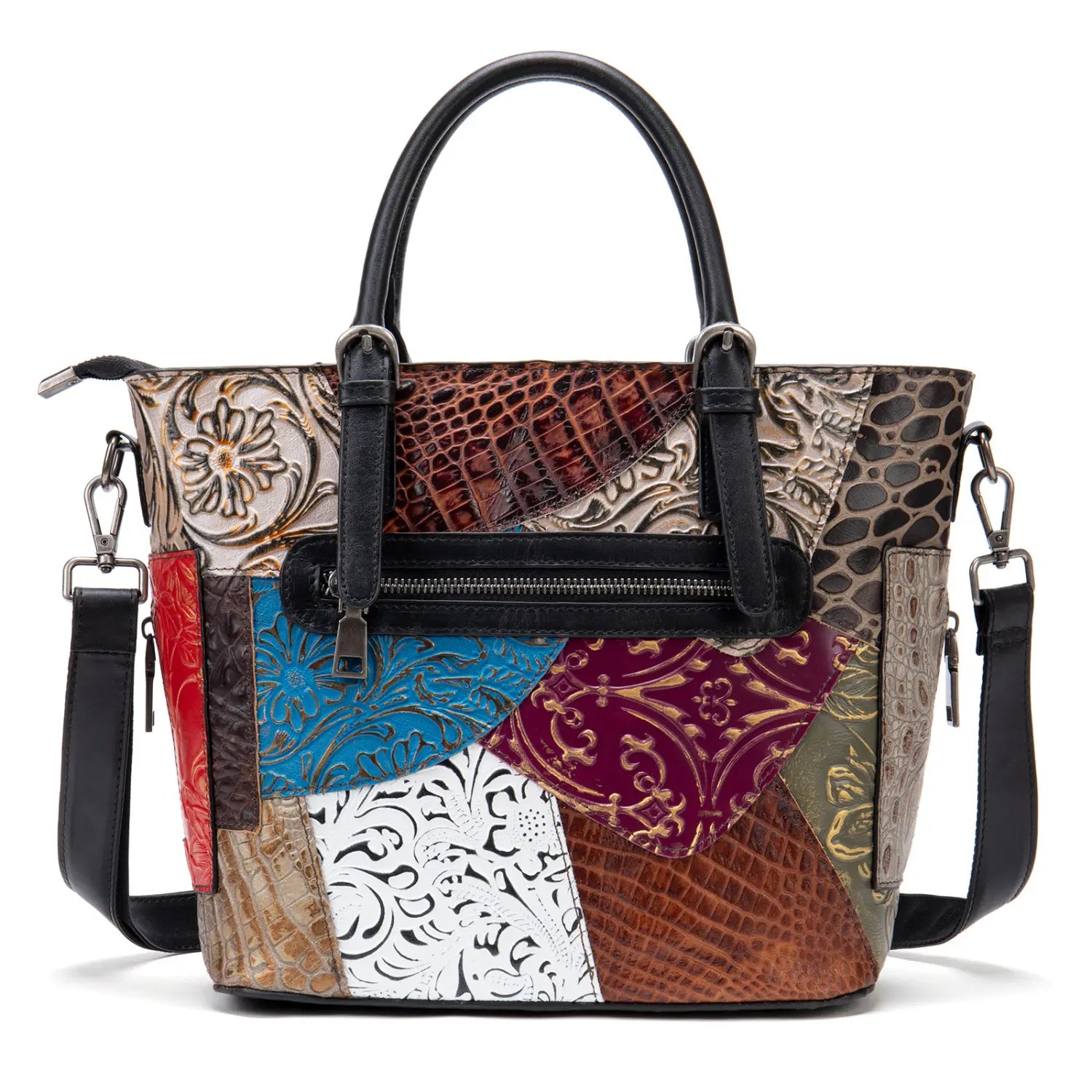 Patchwork leather women’s messenger shoulder bag featuring embossed floral, reptile-skin, and solid-colored panels in red, blue, maroon, white, brown, and beige.