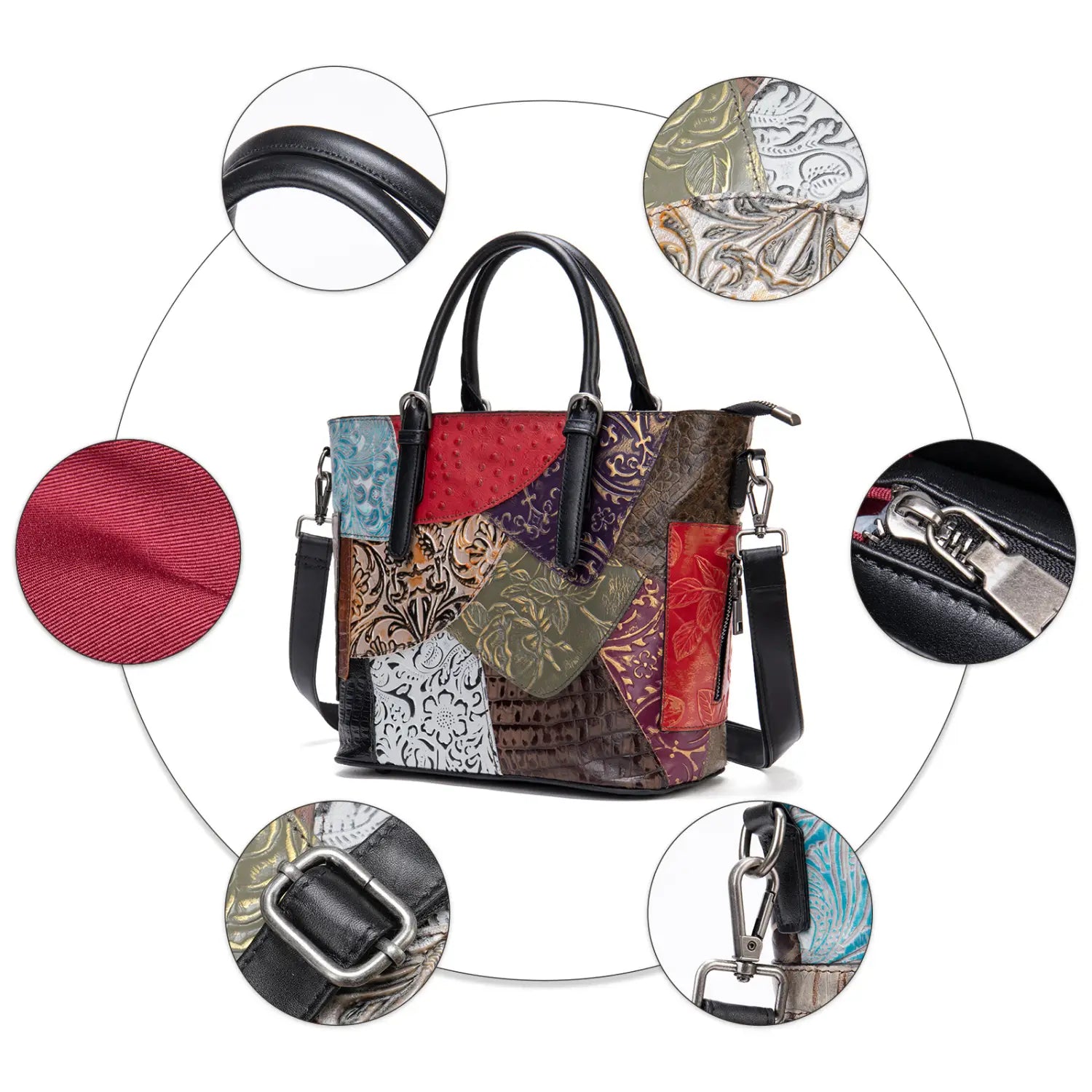 A patchwork leather women’s messenger shoulder bag featuring vibrant textured leather panels in red purple green and brown with intricate floral embossing.