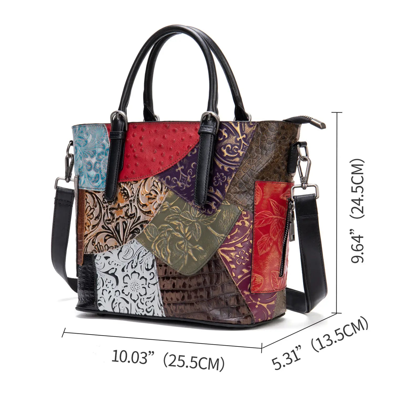 A vibrant patchwork leather women’s messenger shoulder bag featuring red brown purple and teal panels with embossed floral and reptile textures.