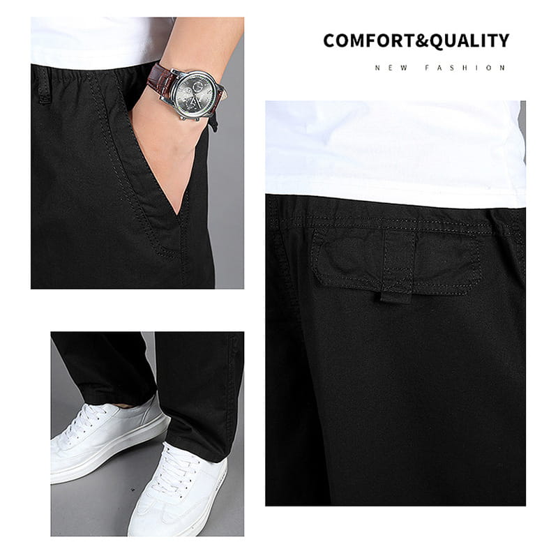 Men cargo pants casual relaxed fit cotton trousers in black featuring reinforced stitching and a flap pocket.