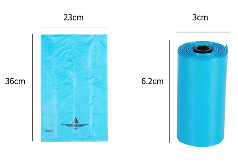 Light blue plastic epi degradable dog waste bags shown flat and rolled up in a 120 count pack.